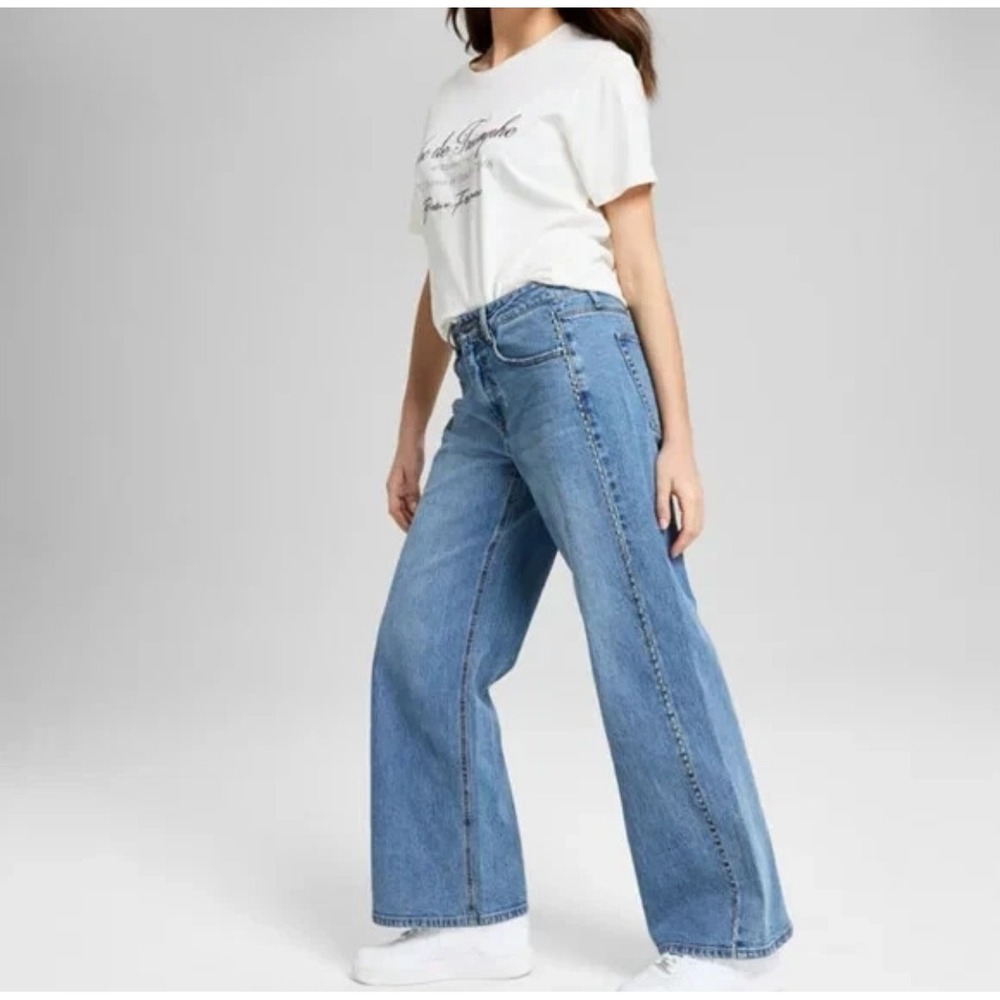 Y2K Studded Wide Leg Jeans Medium Wash Blue Sz31 High Rise Edgy Grunge Retro